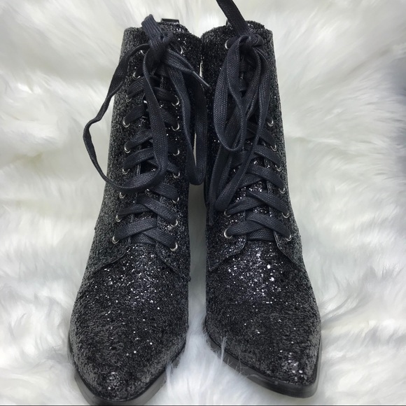 Black Glitter Pointed Toe lace up Ankle Boot 🖤 - Picture 3 of 8